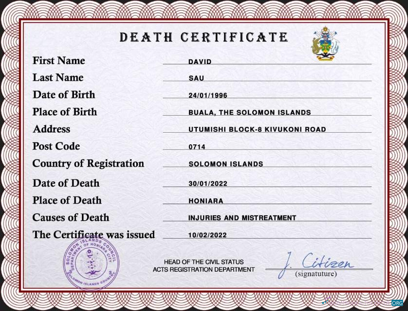 Download Solomon vital record death certificate PSD template Photoshop template
